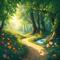 An enchanting illustration featuring a serene forest scene with gentle sunlight filtering through the dense canopy of leaves