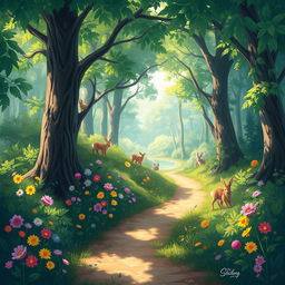 An enchanting illustration featuring a serene forest scene with gentle sunlight filtering through the dense canopy of leaves