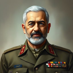 A detailed and respectful portrait of Martyr General Qassem Soleimani, showcasing him in a military uniform with badges of honor