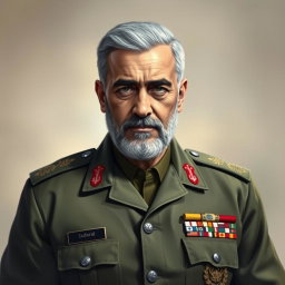 A detailed and respectful portrait of Martyr General Qassem Soleimani, showcasing him in a military uniform with badges of honor