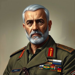 A detailed and respectful portrait of Martyr General Qassem Soleimani, showcasing him in a military uniform with badges of honor