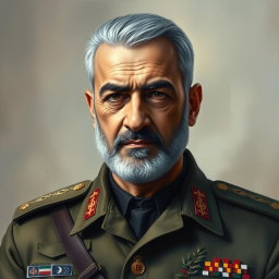 A detailed and respectful portrait of Martyr General Qassem Soleimani, showcasing him in a military uniform with badges of honor