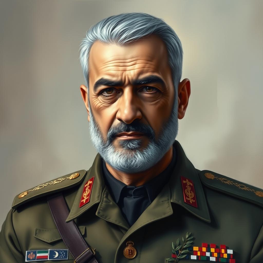 A detailed and respectful portrait of Martyr General Qassem Soleimani, showcasing him in a military uniform with badges of honor