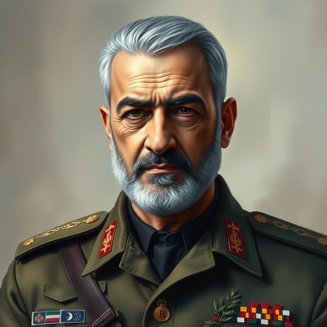 A detailed and respectful portrait of Martyr General Qassem Soleimani, showcasing him in a military uniform with badges of honor