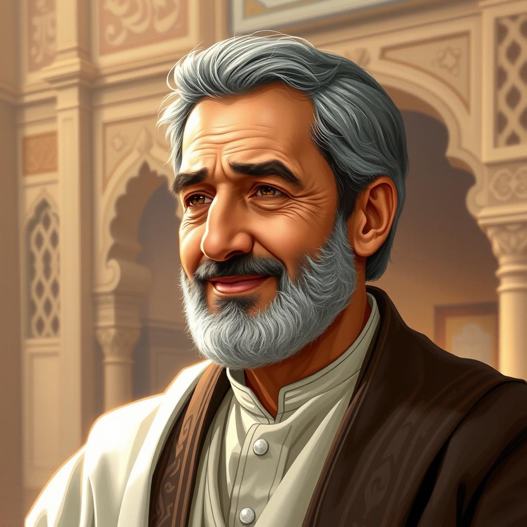 A detailed and respectful portrait of Shahid Beheshti, depicted in a dignified and thoughtful manner