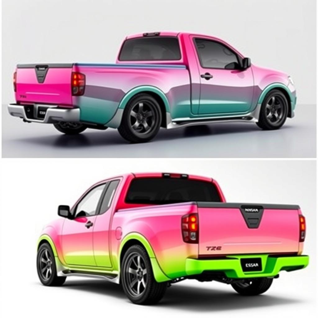 A modified 2012 Mexican Nissan Estacas pickup truck with a modern twist, featuring a sleek, aerodynamic body kit, bold custom paint job in vibrant colors, sporty alloy wheels, and enhanced LED headlights