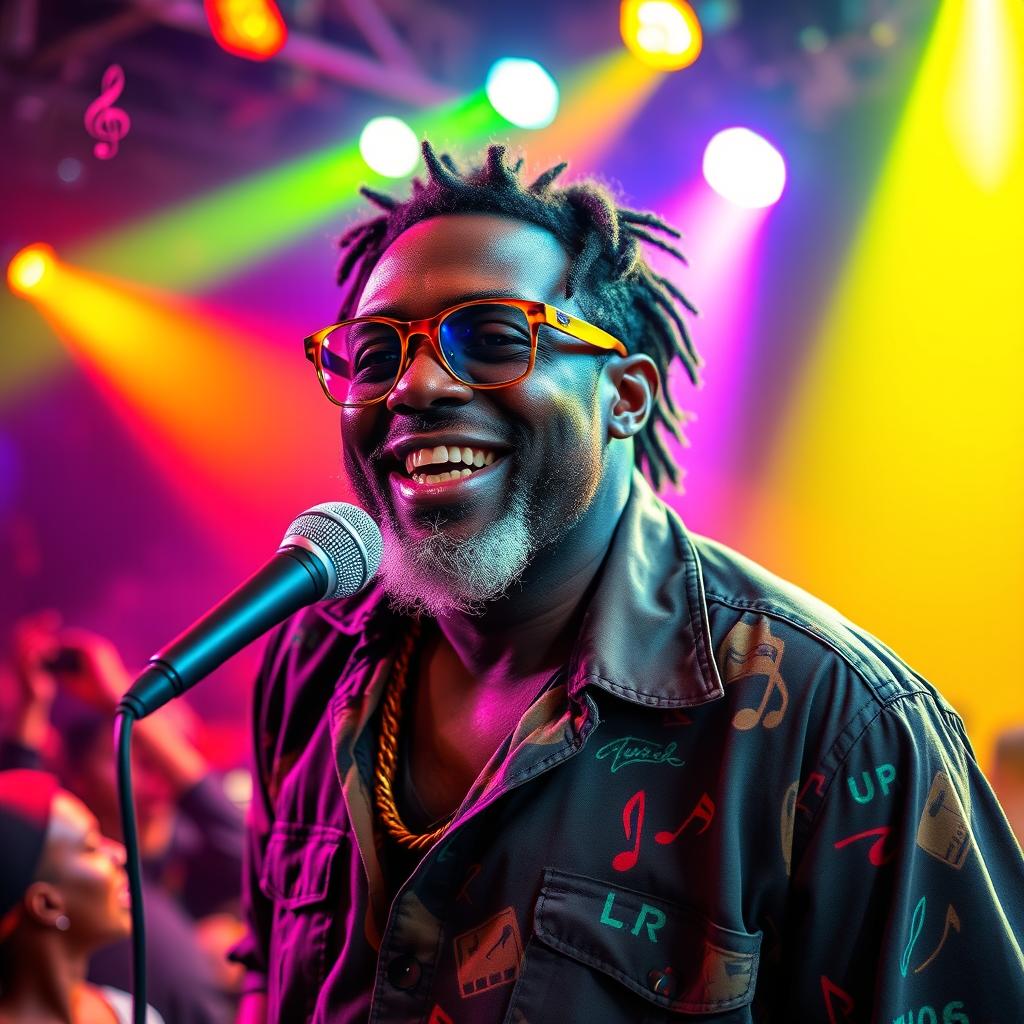 A vibrant and colorful portrait of the reggae singer Pato Banton performing on stage