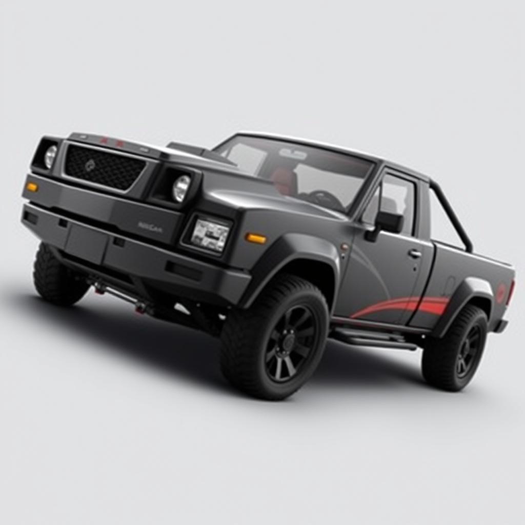 A modified classic Nissan D21 (older version) pickup truck with a modern aesthetic, showcasing a retro-inspired yet sleek body kit