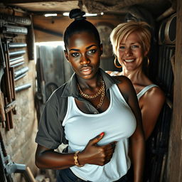 Inside a run-down shack filled with an array of weapons, a 20-year-old young African woman, notably short and malnourished, with very dark skin and an angry expression, is dressed in an oversized men's hip-hop polo shirt