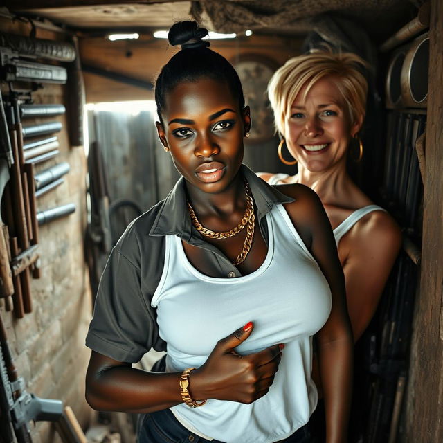 Inside a run-down shack filled with an array of weapons, a 20-year-old young African woman, notably short and malnourished, with very dark skin and an angry expression, is dressed in an oversized men's hip-hop polo shirt