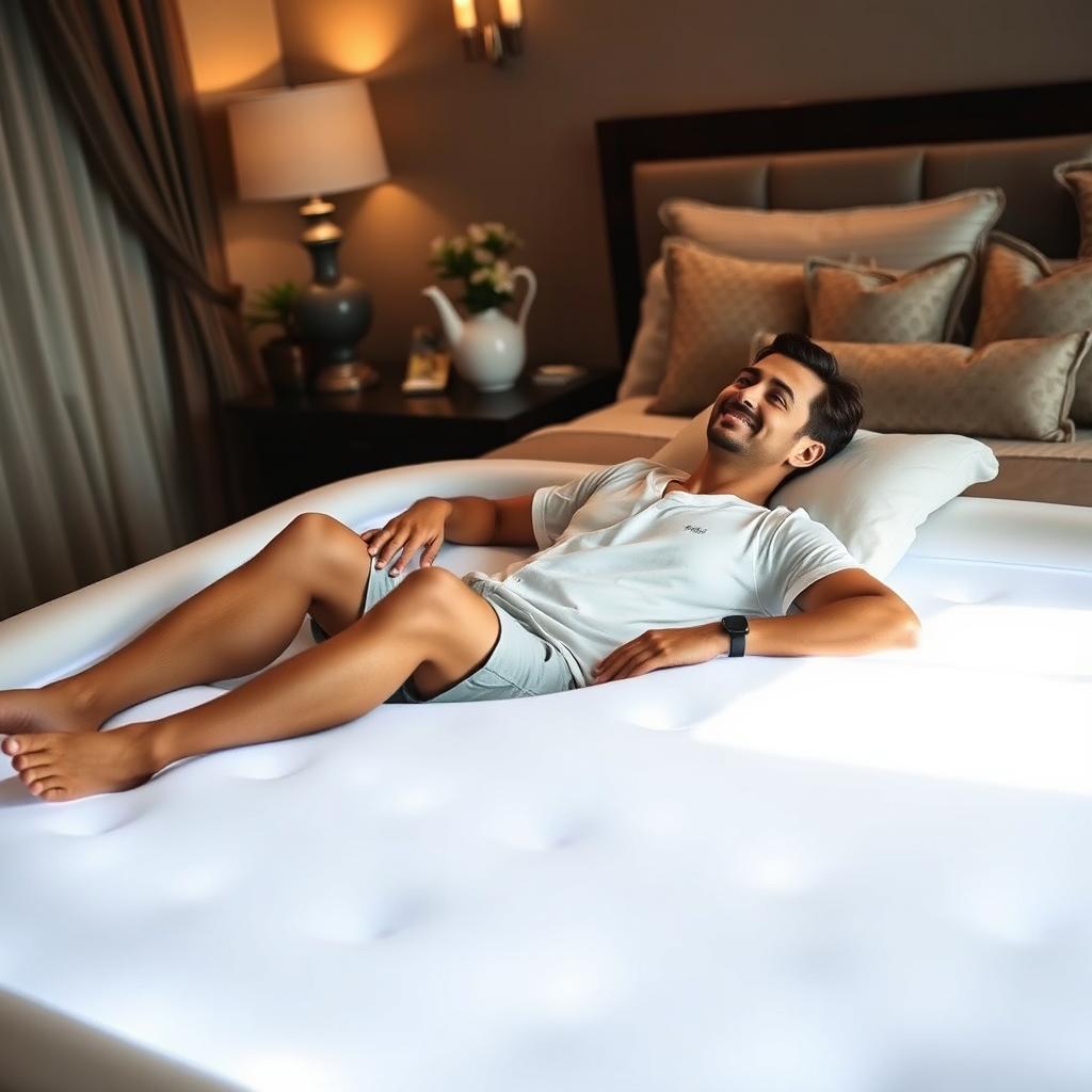 A relaxed scene featuring a man lounging on a plush water bed, exuding a sense of comfort and leisure