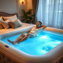 A relaxed scene featuring a man lounging on a plush water bed, exuding a sense of comfort and leisure