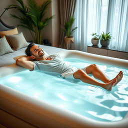 A relaxed scene featuring a man lounging on a plush water bed, exuding a sense of comfort and leisure