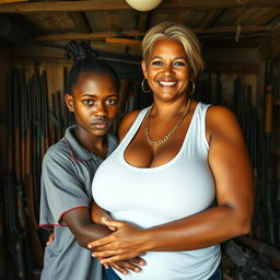 Inside a rundown shack filled with an assortment of weapons, a 20-year-old young African woman, notably short and malnourished, has very dark skin and an angry expression