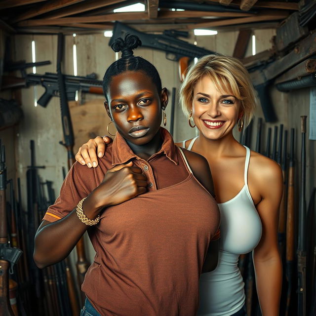 Inside a rundown shack filled with an assortment of weapons, a 20-year-old young African woman, notably short and malnourished, has very dark skin and an angry expression