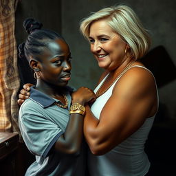 In a poor, dimly lit room, a 20-year-old young African woman, notably short and malnourished, has very dark skin and an angry expression