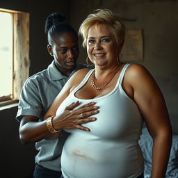 In a poor, dimly lit room, a 20-year-old young African woman, notably short and malnourished, has very dark skin and an angry expression