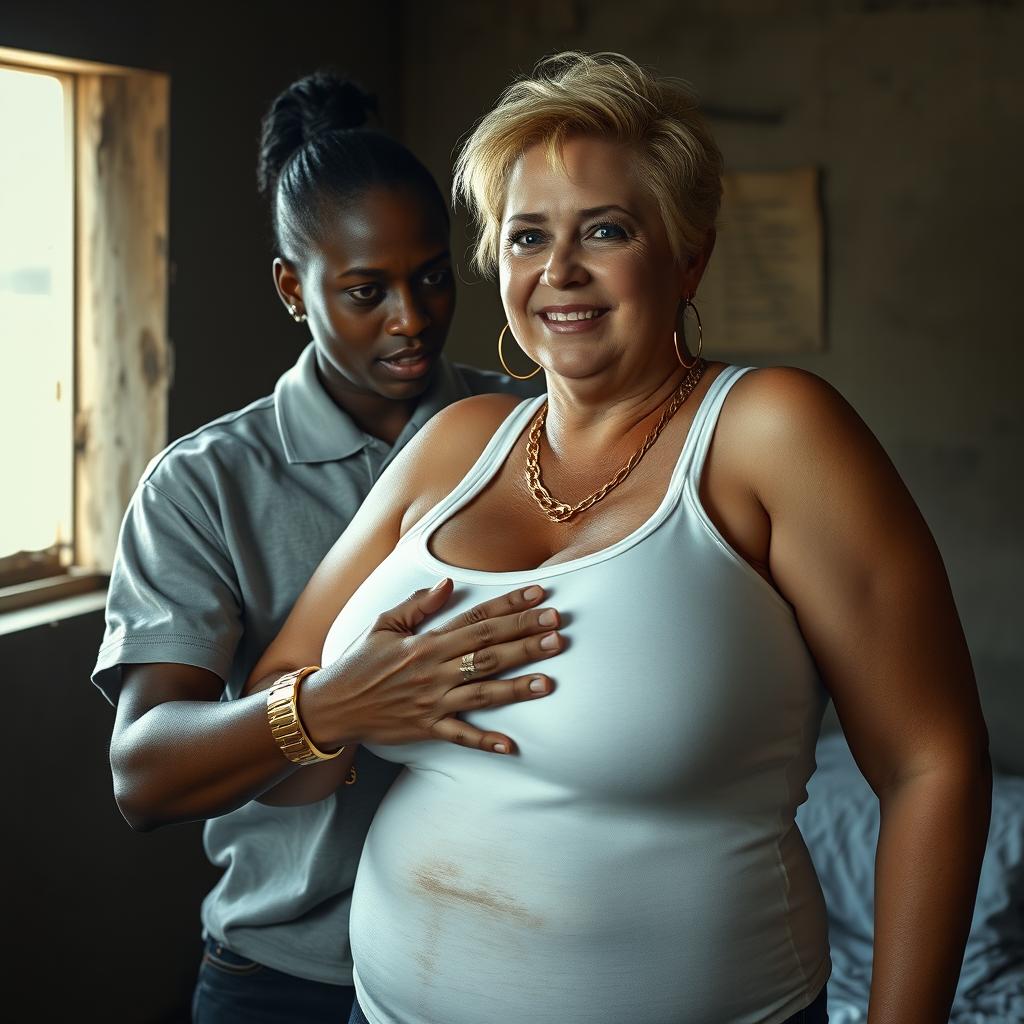 In a poor, dimly lit room, a 20-year-old young African woman, notably short and malnourished, has very dark skin and an angry expression