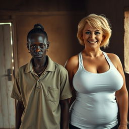 In a poor, dimly lit room, a 20-year-old young African woman, notably short and malnourished, has very dark skin and an angry expression