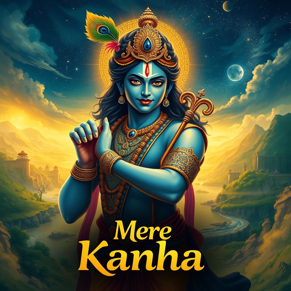 A powerful and dramatic illustration representing the bio of Lord Krishna, capturing his essence in a cinematic style