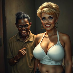 In a poor, dimly lit environment, a 20-year-old young African woman, notably short and malnourished, with very dark skin and a fierce, monstrous expression, is seen gritting her decayed teeth