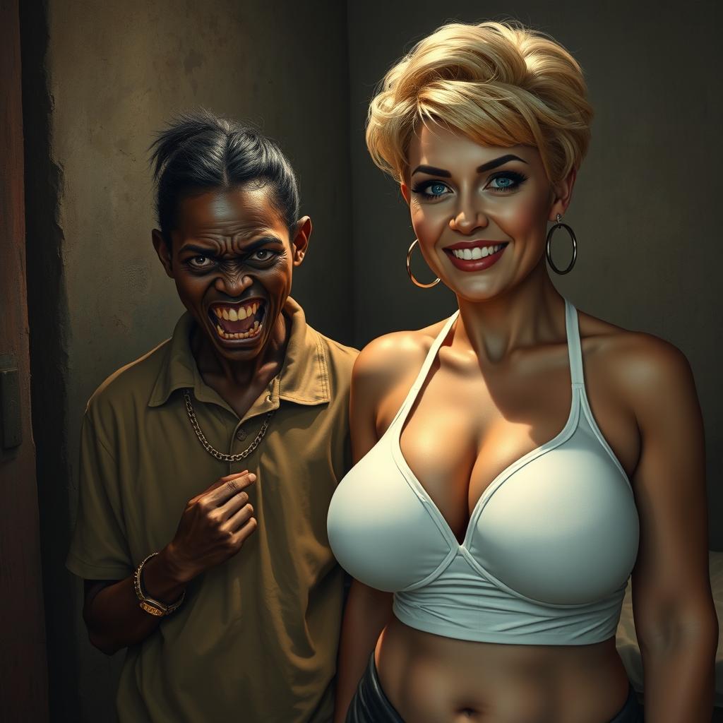 In a poor, dimly lit environment, a 20-year-old young African woman, notably short and malnourished, with very dark skin and a fierce, monstrous expression, is seen gritting her decayed teeth