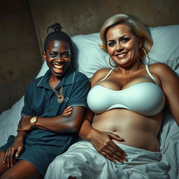 In a poor, dimly lit bedroom, a 20-year-old young African woman, distinctly short and malnourished, has very dark skin and a fierce, monstrous expression, gritting her decayed teeth