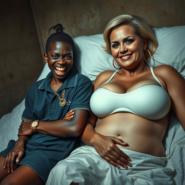 In a poor, dimly lit bedroom, a 20-year-old young African woman, distinctly short and malnourished, has very dark skin and a fierce, monstrous expression, gritting her decayed teeth