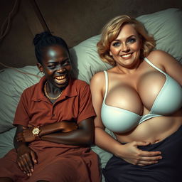 In a poor, dimly lit bedroom, a 20-year-old young African woman, distinctly short and malnourished, has very dark skin and a fierce, monstrous expression, gritting her decayed teeth