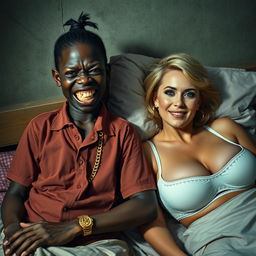 In a poor, dimly lit bedroom, a 20-year-old young African woman, distinctly short and malnourished, has very dark skin and a fierce, monstrous expression, gritting her decayed teeth