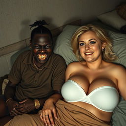 In a poor, dimly lit bedroom, a 20-year-old young African woman, notably short and malnourished, has very dark skin and a fierce, monstrous expression, gritting her decayed teeth