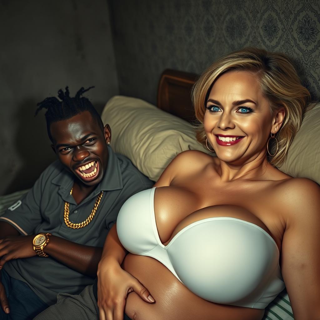 In a poor, dimly lit bedroom, a 20-year-old young African woman, notably short and malnourished, has very dark skin and a fierce, monstrous expression, gritting her decayed teeth