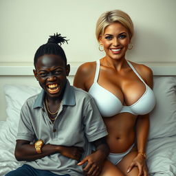 In a basic bed setting, a 20-year-old young African woman, strikingly short and malnourished, has very dark skin and a fierce, monstrous expression as she grits her decayed teeth