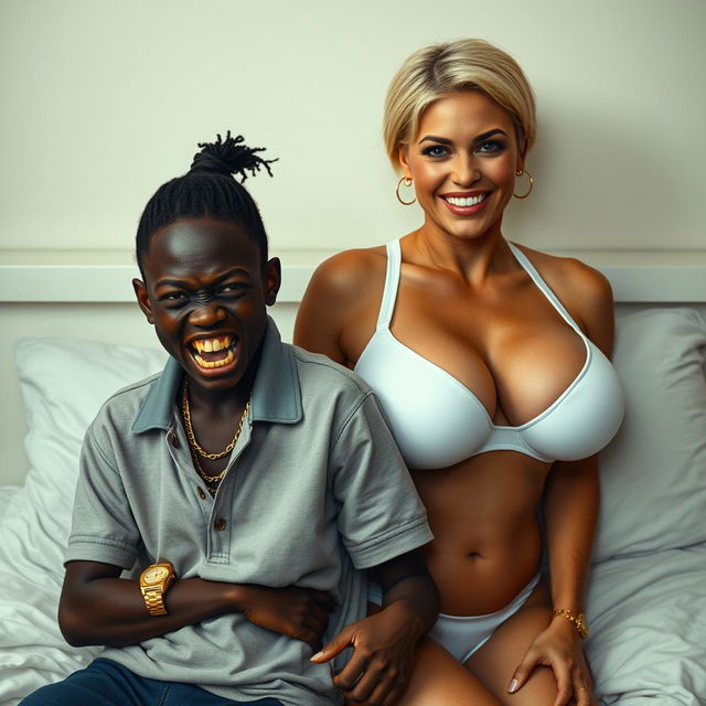 In a basic bed setting, a 20-year-old young African woman, strikingly short and malnourished, has very dark skin and a fierce, monstrous expression as she grits her decayed teeth