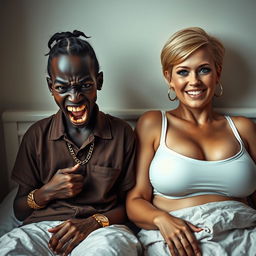 In a basic bed setting, a 20-year-old young African woman, strikingly short and malnourished, has very dark skin and a fierce, monstrous expression as she grits her decayed teeth