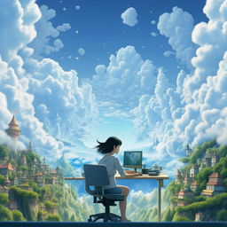 Woman working on a PC, daydreaming in a whimsical 'Studio Ghibli' like world. Background of a clear blue sky scattered with fluffy white clouds.