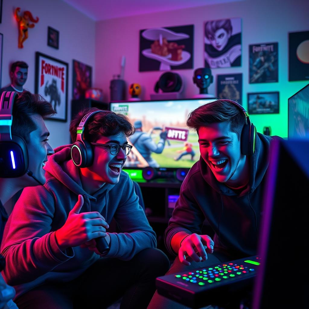 A lively and dynamic scene showcasing a group of three friends intensely playing Fortnite