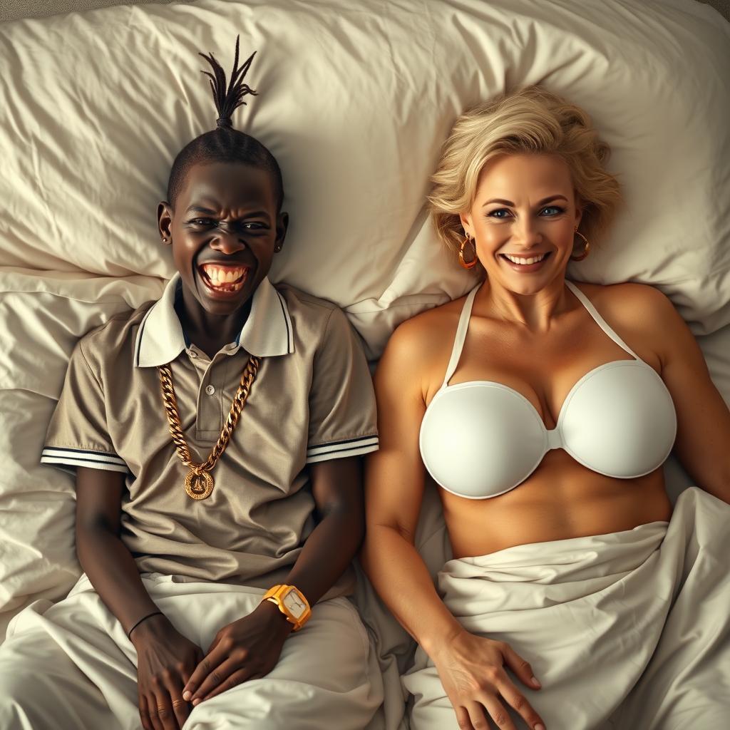 In a large bed, two striking women contrasting in appearance