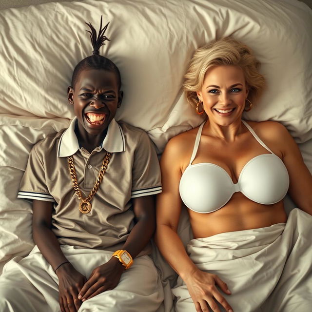 In a large bed, two striking women contrasting in appearance