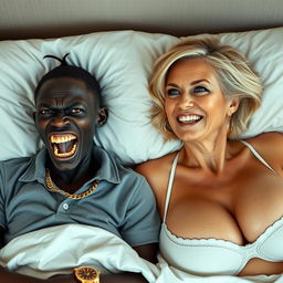 In a large bed, two striking women contrasting in appearance