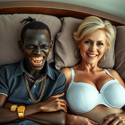 In a large bed, two striking women contrasting in appearance