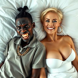 In a large bed, juxtaposing two women with strikingly different appearances