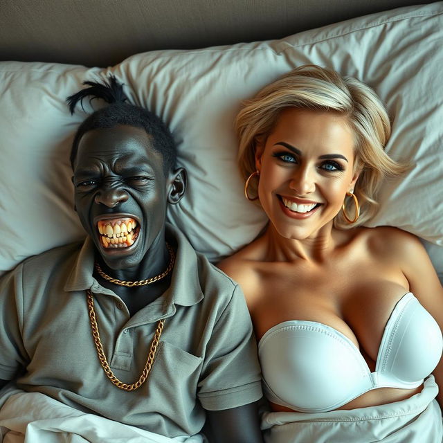 In a large bed, juxtaposing two women with strikingly different appearances