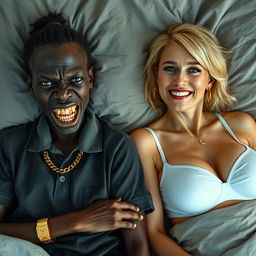 In a large bed, juxtaposing two women with strikingly different appearances