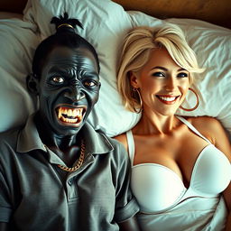 In a large bed, juxtaposing two women with strikingly different appearances