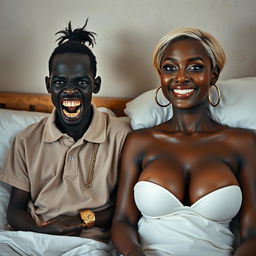 In a basic bed, a striking scene unfolds featuring two women with contrasting appearances