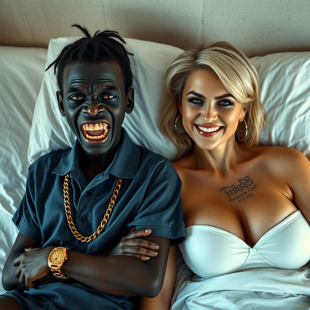 In a basic bed, a striking scene unfolds featuring two women with contrasting appearances