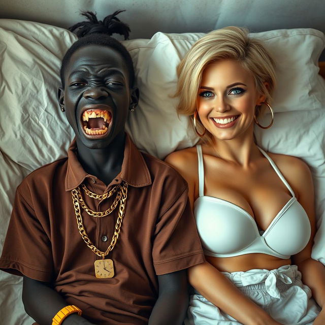 In a basic bed, a striking scene unfolds featuring two women with contrasting appearances