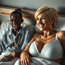 In a basic bed, a striking scene unfolds featuring two women in an unexpected relationship