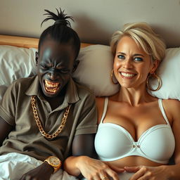 In a basic bed, a striking scene unfolds featuring two women in an unexpected relationship